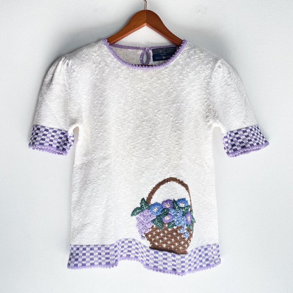 Vintage Herman Geist White Cotton Floral Embroidered Short Sleeve Knit Top M